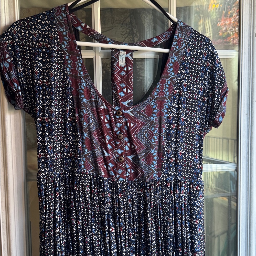 Free People Navy and Burgundy Patterned Mini Dress
